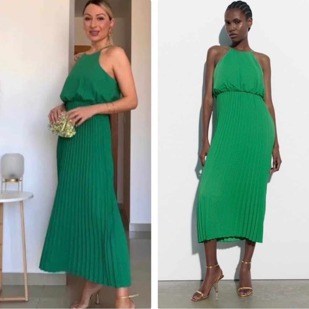New Zara Green Pleated Midi Dress 2157/029 Extra Large XL